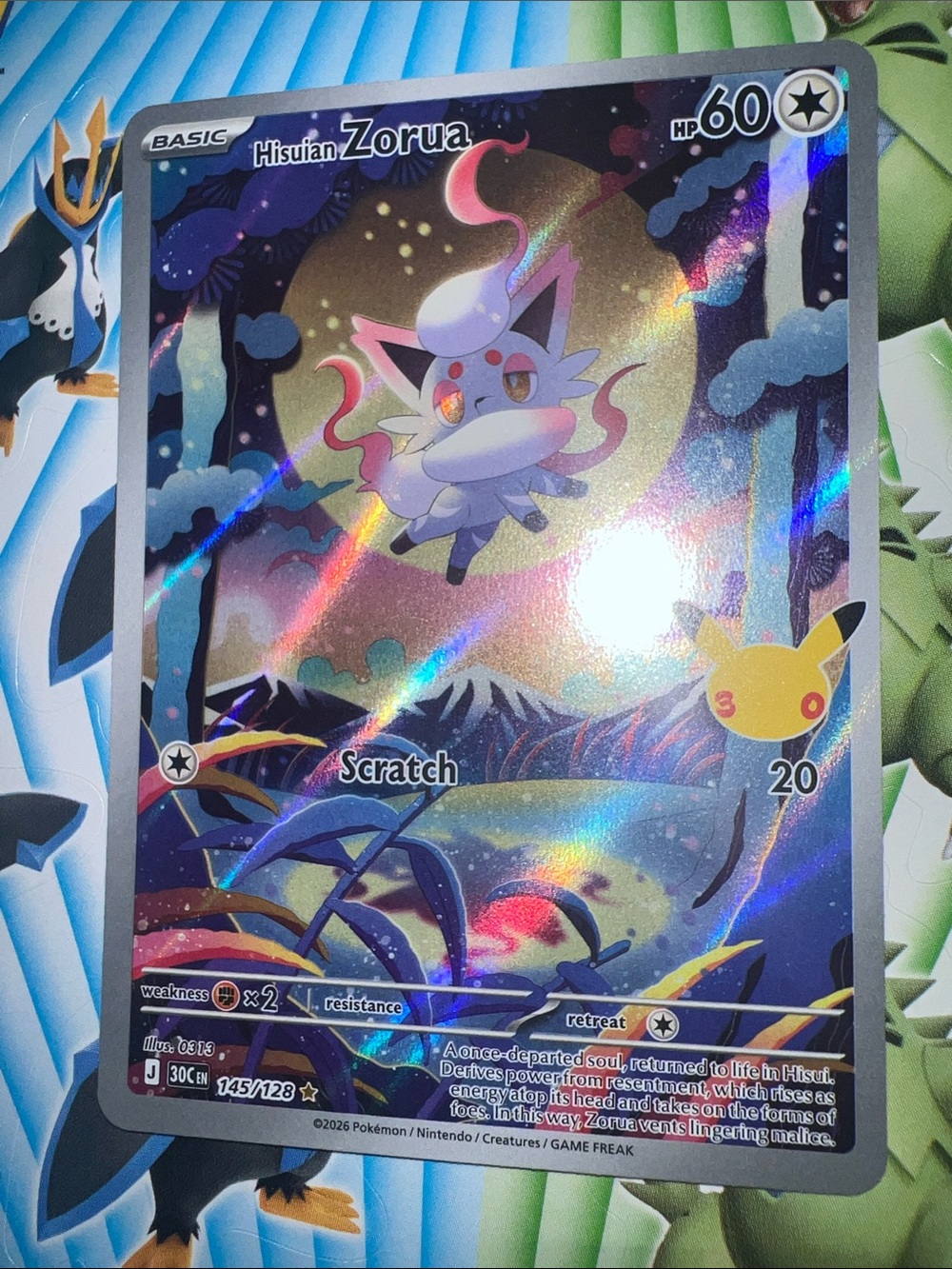 Pokemon Hisuian Zorua Holographic Card - White, Purple, Gold